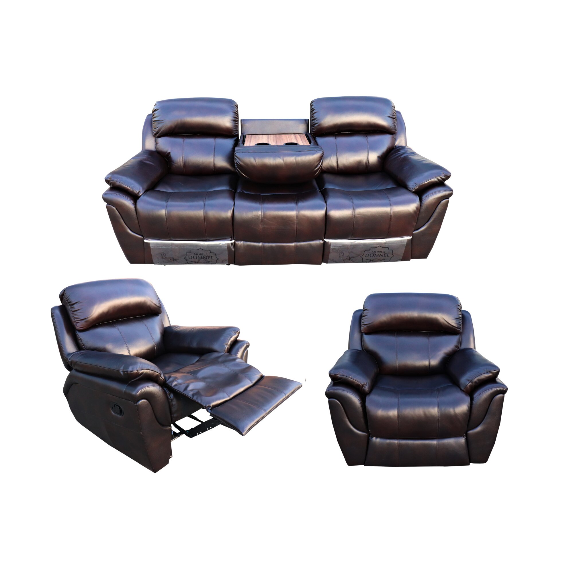 Set Piele Naturala Aniline Md.2458, Canapea 3 locuri cu 2 reclinere manuale si accesoriu de masuta cu suport de cafea 2 fotolii cu reclinere manuale, Piele naturala suprafata de contact, Wenge (A603)