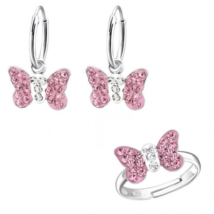 Boutique 23 925 ezüst fülbevaló és gyűrű, pillangó, ékszerdobozzal együtt, többszínű