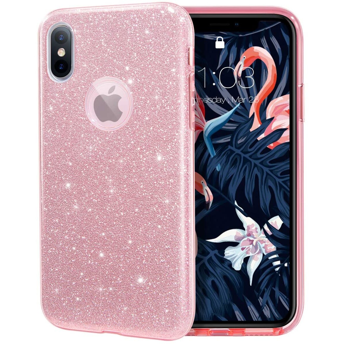 Husa iPhone X / iPhone XS ultra slim din silicon, cu 3 straturi protective, Fashion, cu sclipici Glitter, Roz