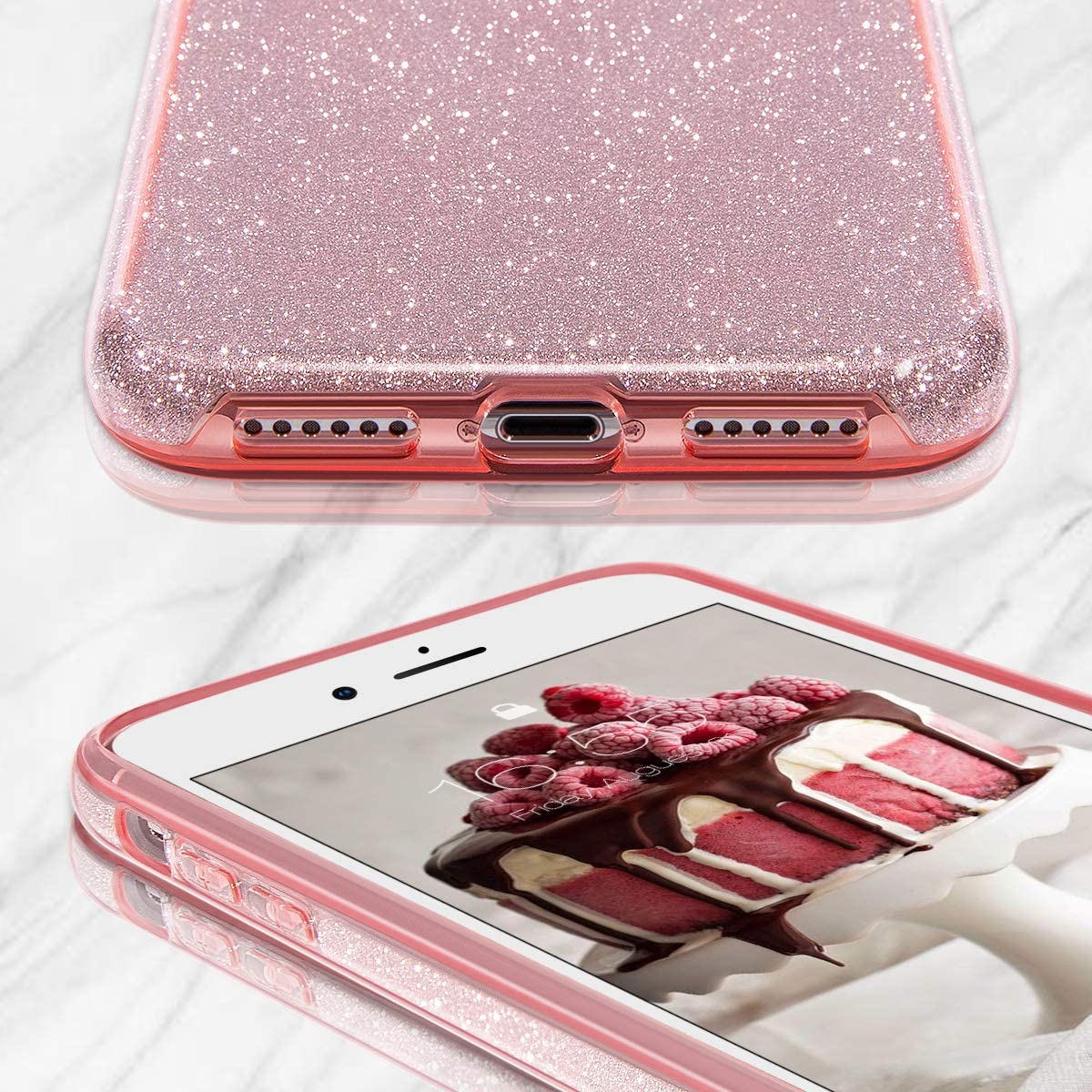 Husa compatibila cu iPhone 7 / iPhone 8 ultra slim din silicon, cu 3 straturi protective, Fashion, cu sclipici Glitter, Roz