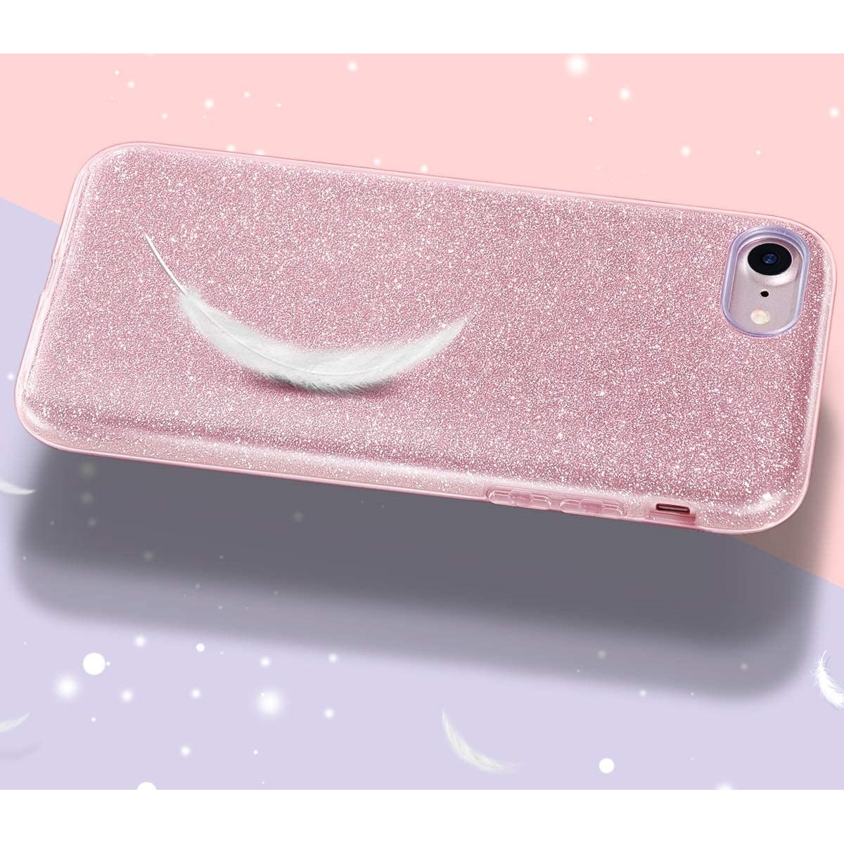 Husa compatibila cu iPhone 7 / iPhone 8 ultra slim din silicon, cu 3 straturi protective, Fashion, cu sclipici Glitter, Roz