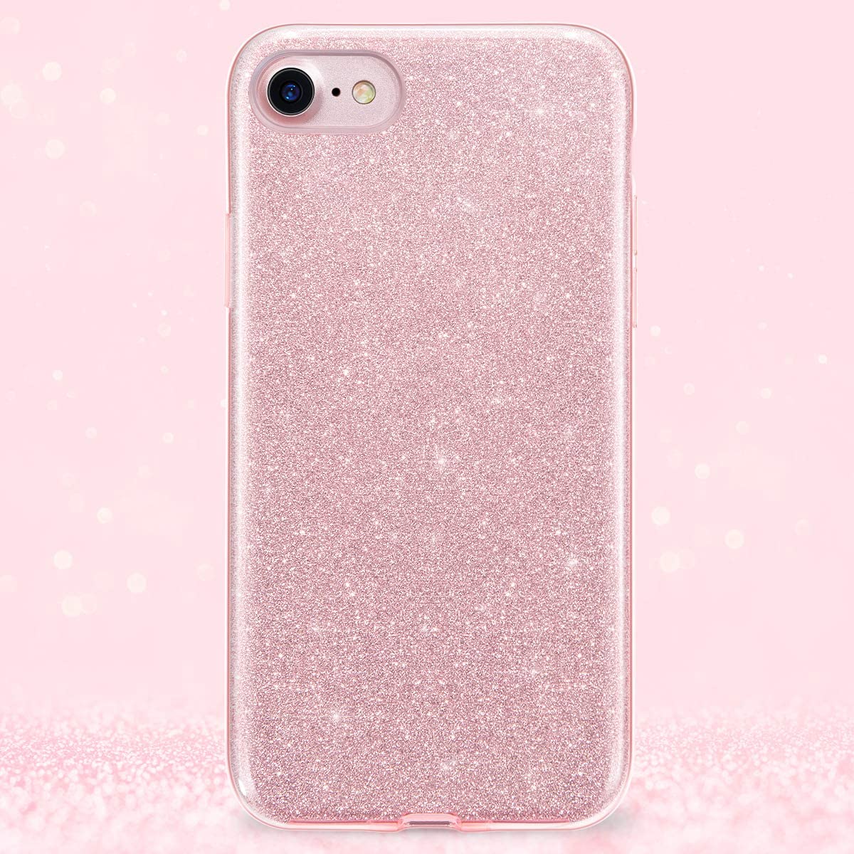 Husa compatibila cu iPhone 7 / iPhone 8 ultra slim din silicon, cu 3 straturi protective, Fashion, cu sclipici Glitter, Roz