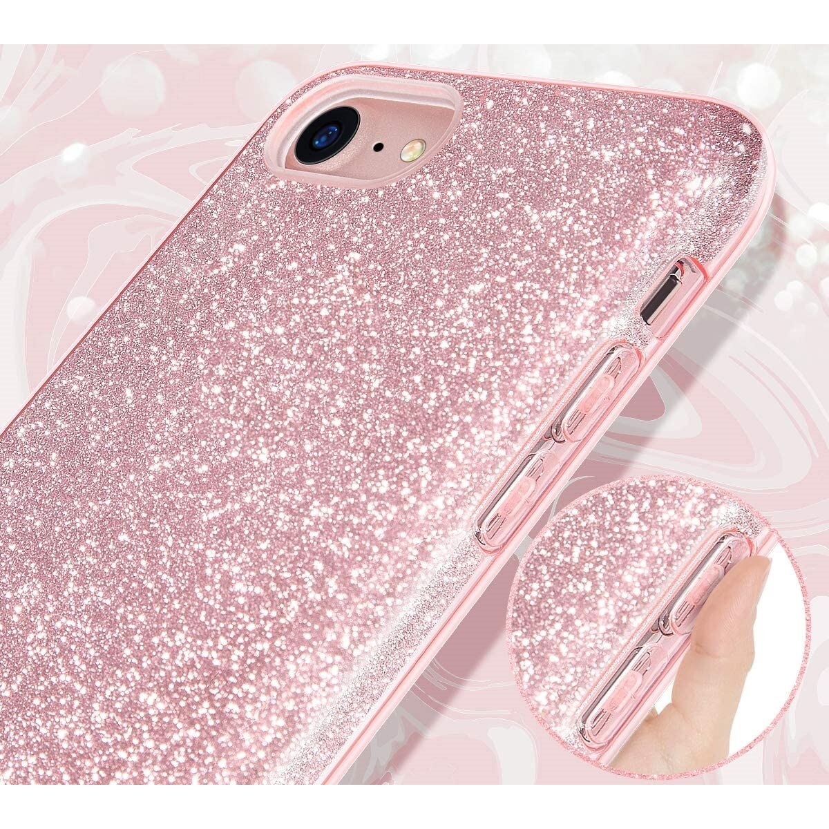 Husa compatibila cu iPhone 7 / iPhone 8 ultra slim din silicon, cu 3 straturi protective, Fashion, cu sclipici Glitter, Roz