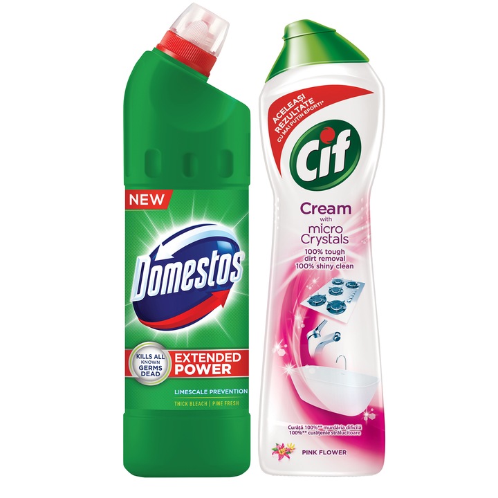 Pachet Cif Pink Crema de curatare cu Micro-Cristale, 500ml si un dezinfectant inalbitor anticalcar Domestos Extended Power Pine Fresh 750ml