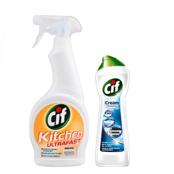 Pachet Cif Ultrafast Bucatarie, 500ml si Cif Crema de curatare Original cu micro-cristale, 500ml Pachet Cif Ultrafast Bucatarie, 500ml si Cif Crema de curatare Original cu micro-cristale, 500ml