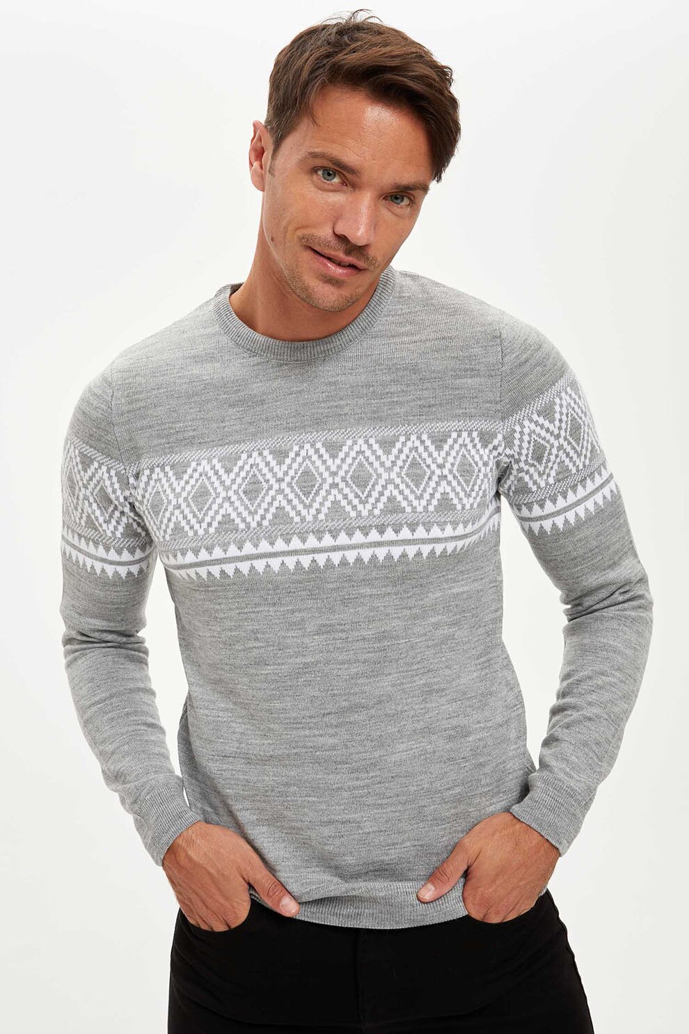 DeFacto, Pulover slim fit tricotat fin C, Gri, XS