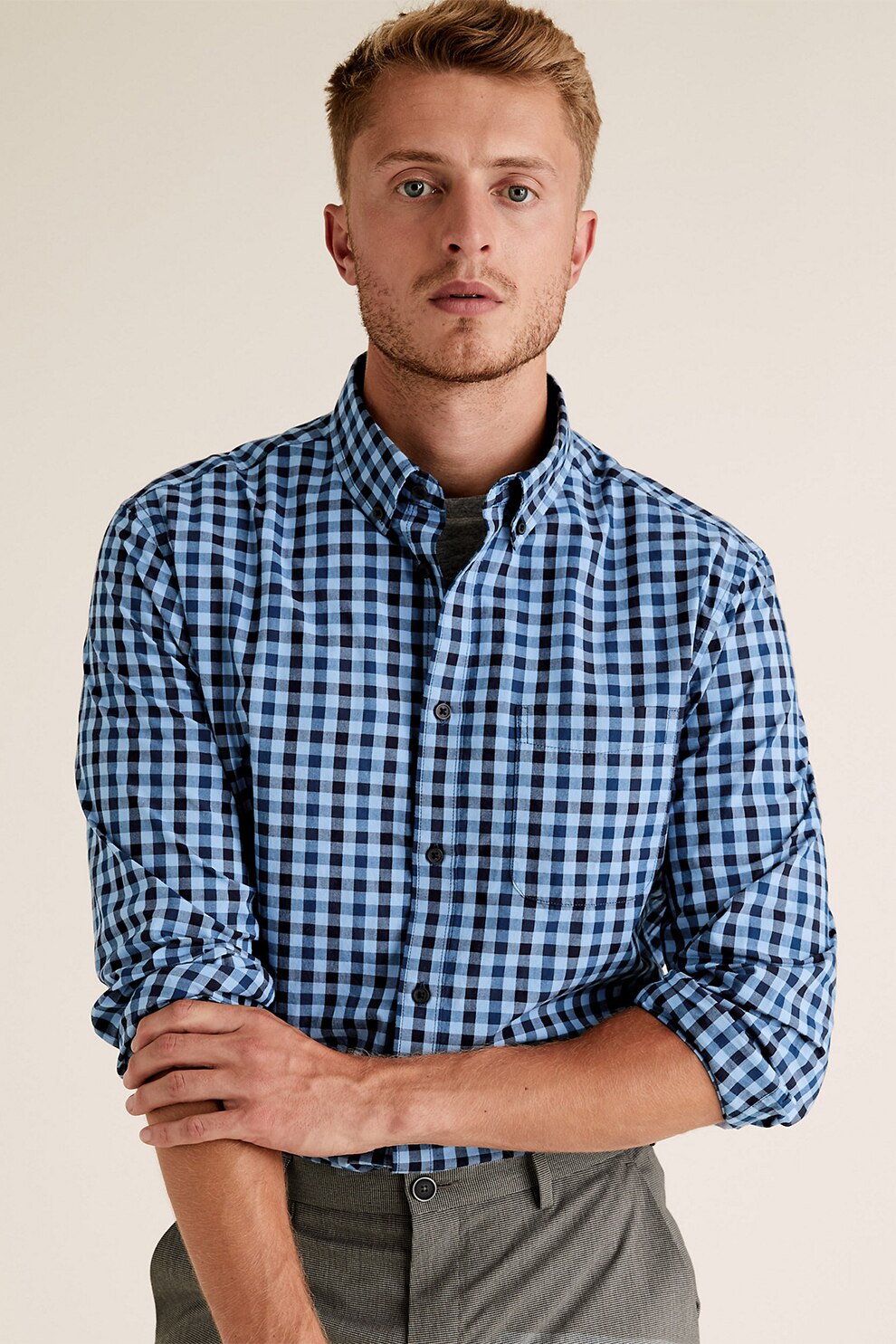 Marks & Spencer, Camasa regular fit cu model gingham, Albastru/Alb, S