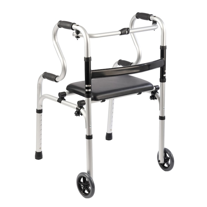 Cadru de mers pliabil, curbat, cu roti si sezut, ajustabil pe inaltime, din aluminiu, CMZ-8207LS