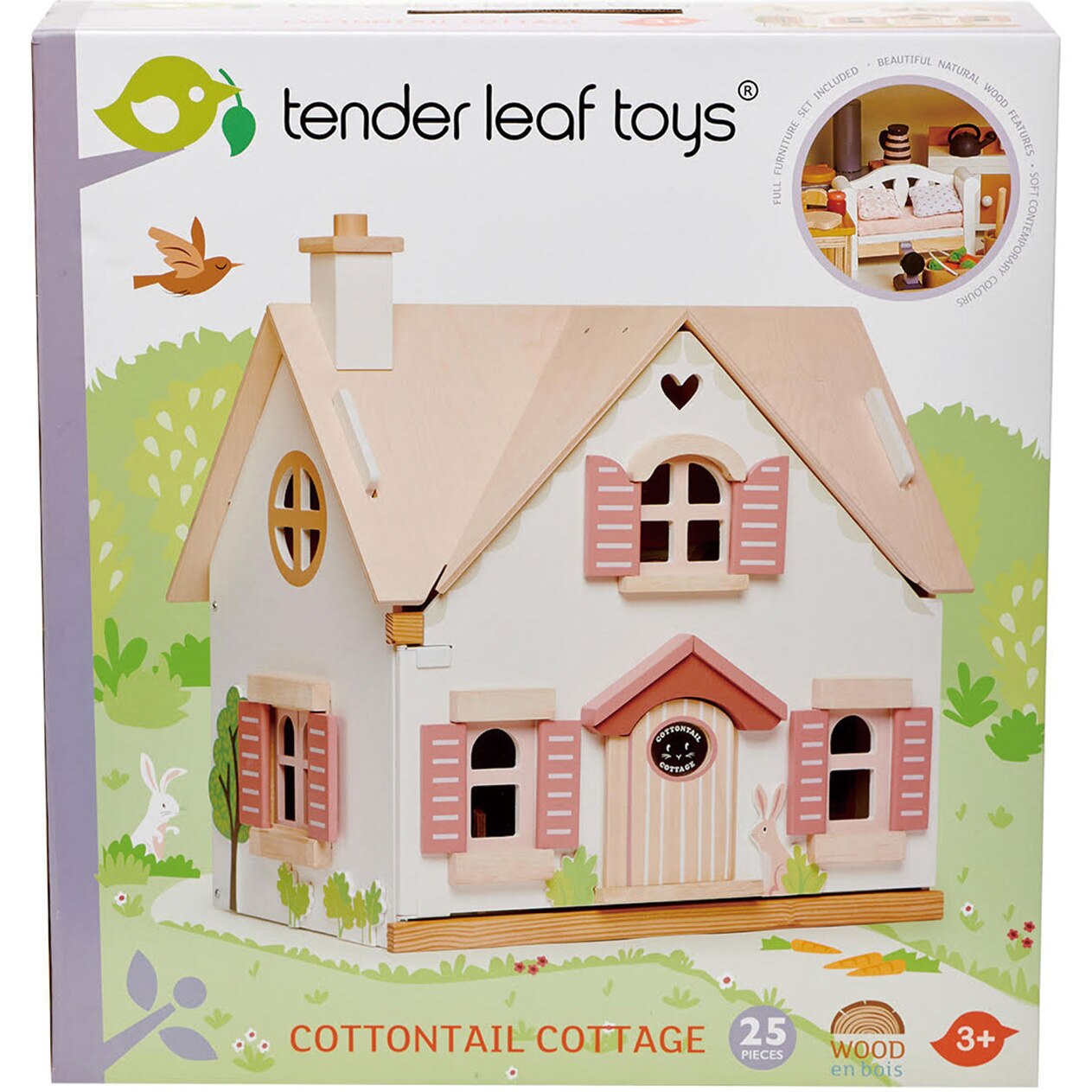 Къща за кукли Tender Leaf Toys - Cottontail Cottage, Дървена, 25 части ...