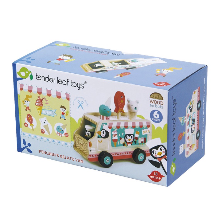 Комплект за игра Tender Leaf Toys - Фургон за сладолед с пингвин, Дървен, 6 части