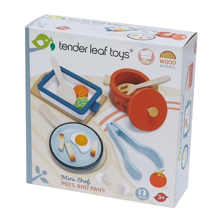 Комплект за игра Tender Leaf Toys - Съдове за готвене и прибори, Дървени, 13 части