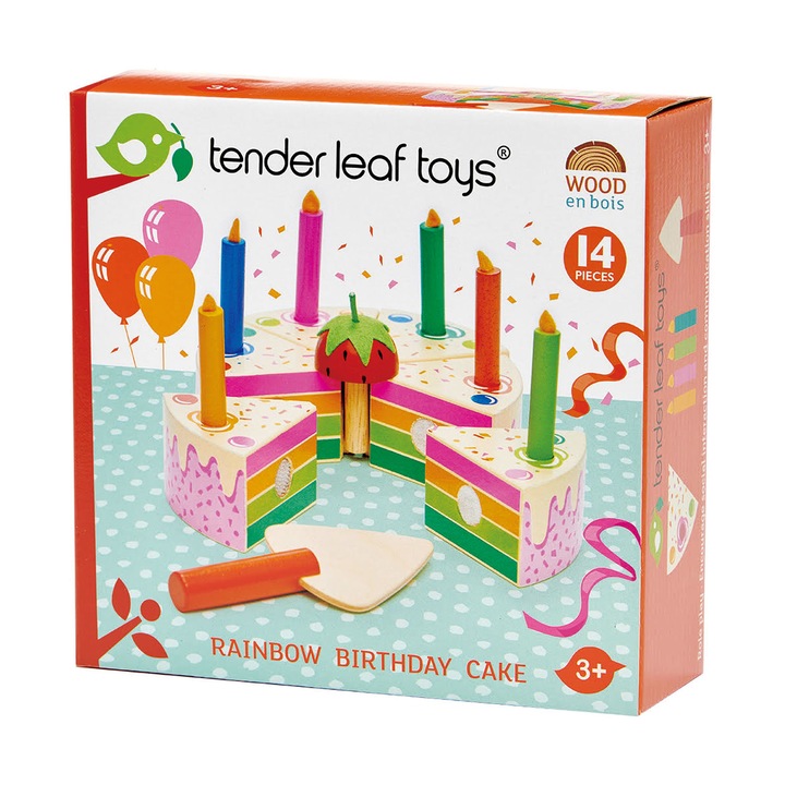 Комплект за игра Tender Leaf Toys - Торта за рожден ден с дъга, Дървен, 14 части