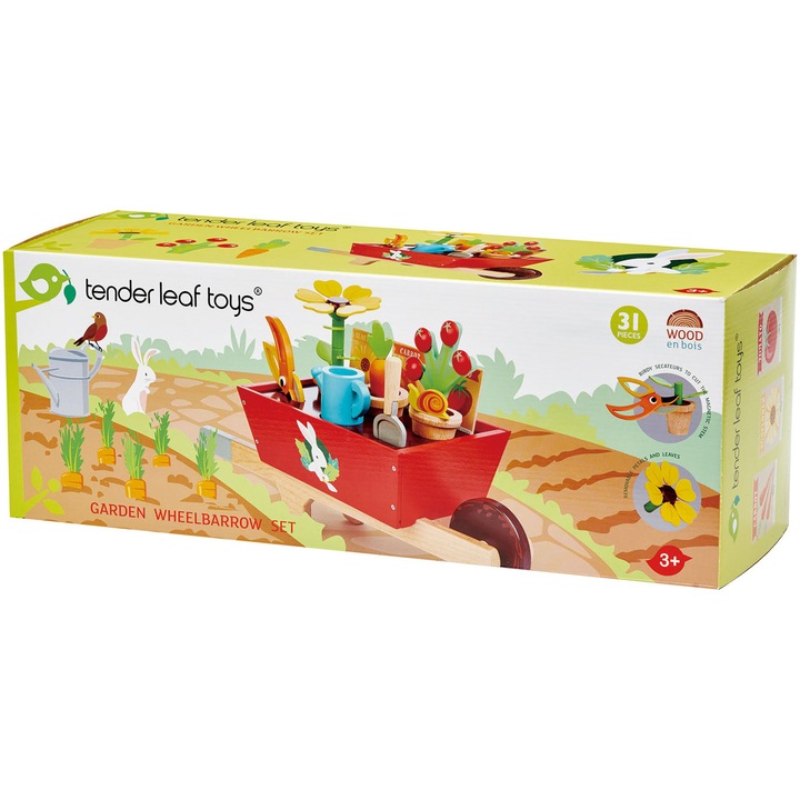 Set de joaca din lemn Tender Leaf Toys - Roaba cu unelte de gradinarit, 31 piese