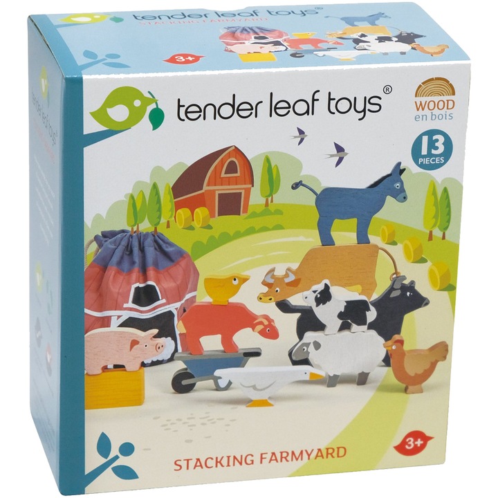 Комплект 13 играчки Tender Leaf Toys - Животни от фермата, Дървени, За подреждане