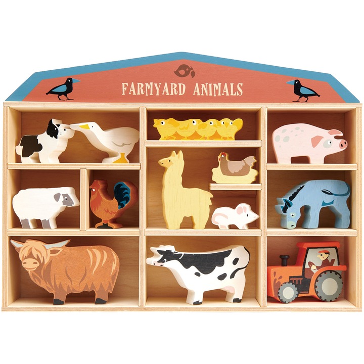 Tender Leaf Toys fából készült figura készlet, polc haszonállatokkal, 13db