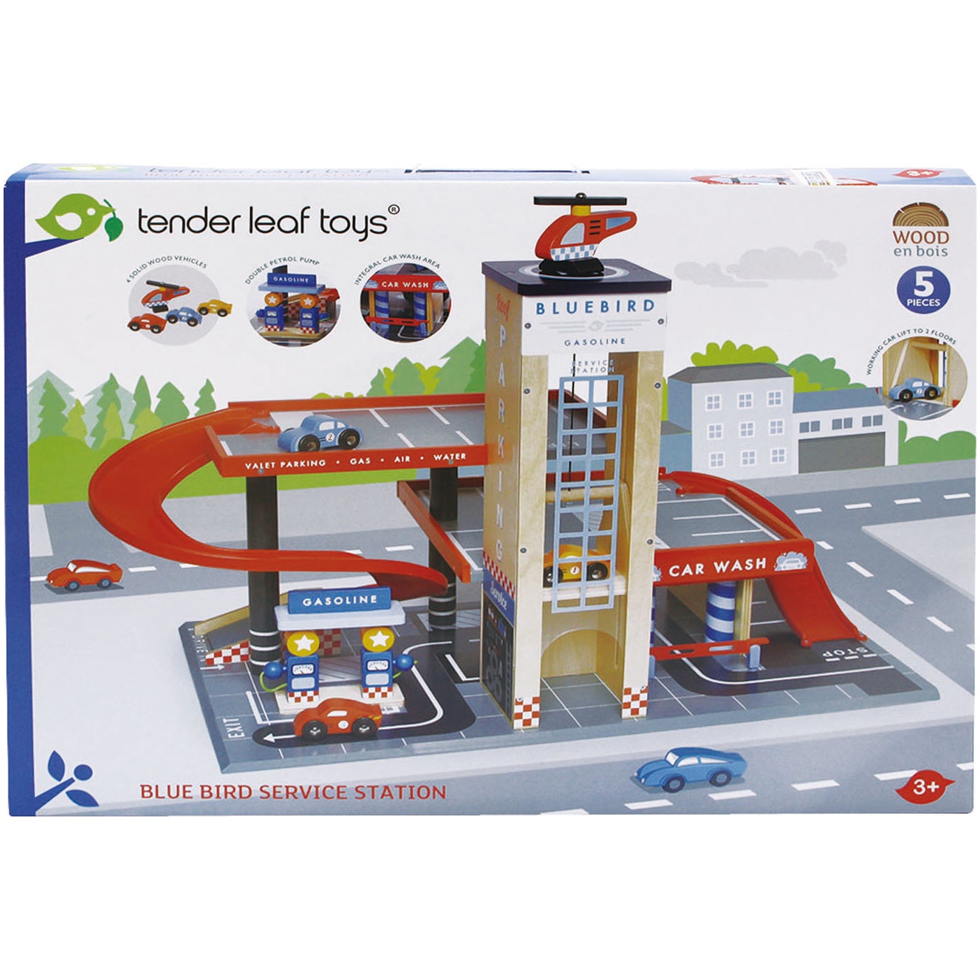 Set de joaca din lemn Tender Leaf Toys -Statia de service Blue Bird, 5 piese