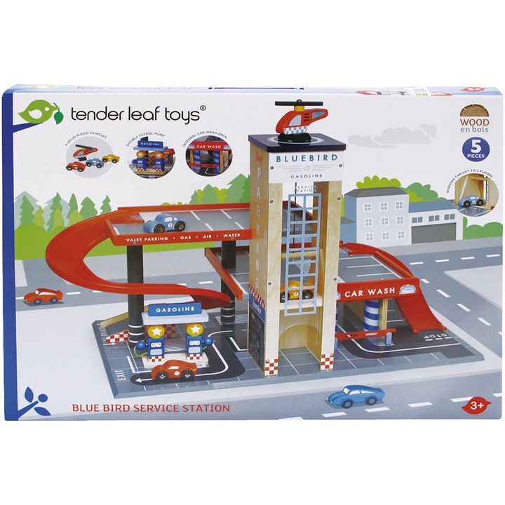 Set de joaca din lemn Tender Leaf Toys -Statia de service Blue Bird, 5 piese