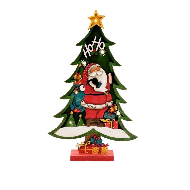 Decoratiune brad pentru masa, Home, iluminat LED, 41 cm, picior de sprijin, alb cald