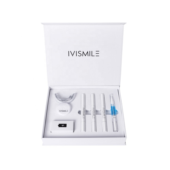 Kit IVISMILE wireless, PAP, 3 Creioane albire, Utilizare 15/10 min, Lumina albastra/rosie, Incarcare wireless, Alb