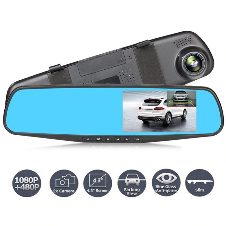 Огледало за обратно виждане с камера за кола Seametal DVR, 4.3 инчов TFT HD дисплей, двоен запис 30fps, ъгъл 170 градуса, 1080P видео резолюция, Черен