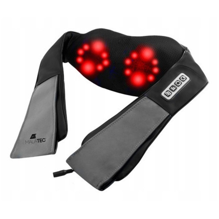 Масажен колан MALATEC, инфрачервена функция, 4 бутона, въртеливи движения за облекчаване на болката, първокласна еко кожа, адаптер за кола, включен в пакета, сив