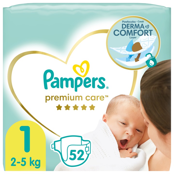 Пелени Pampers Premium Care, Размер 1, За новородени, 2-5 кг, 52 броя
