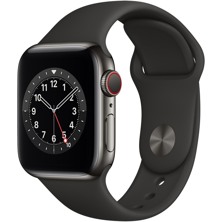 Apple Watch 6, GPS, Cellular, Carcasa Graphite Stainless Steel 40mm, Black Sport Band