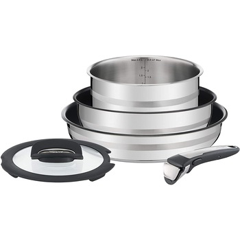 Set cratite si tigaie Tefal Ingenio Jamie Oliver, 5 piese, Non-Stick, Thermo-Spot, otel inoxidabil, inductie, maner detasabil, inox/negru Set cratite si tigaie Tefal Ingenio Jamie Oliver, 5 piese, Non-Stick, Thermo-Spot, otel inoxidabil, inductie, maner detasabil, inox/negru