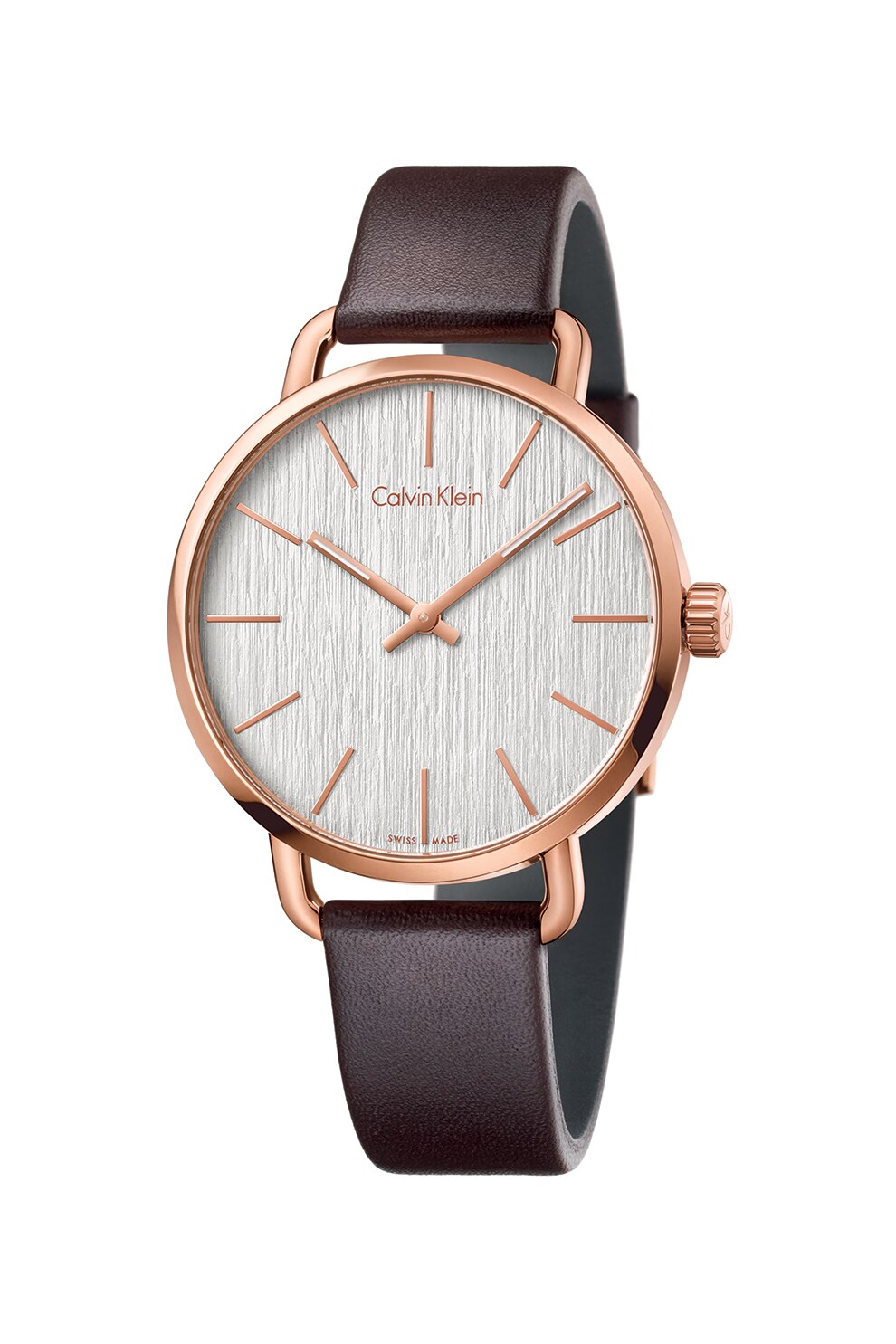 CALVIN KLEIN, Ceas cu o curea de piele, Auriu rose/Maro inchis