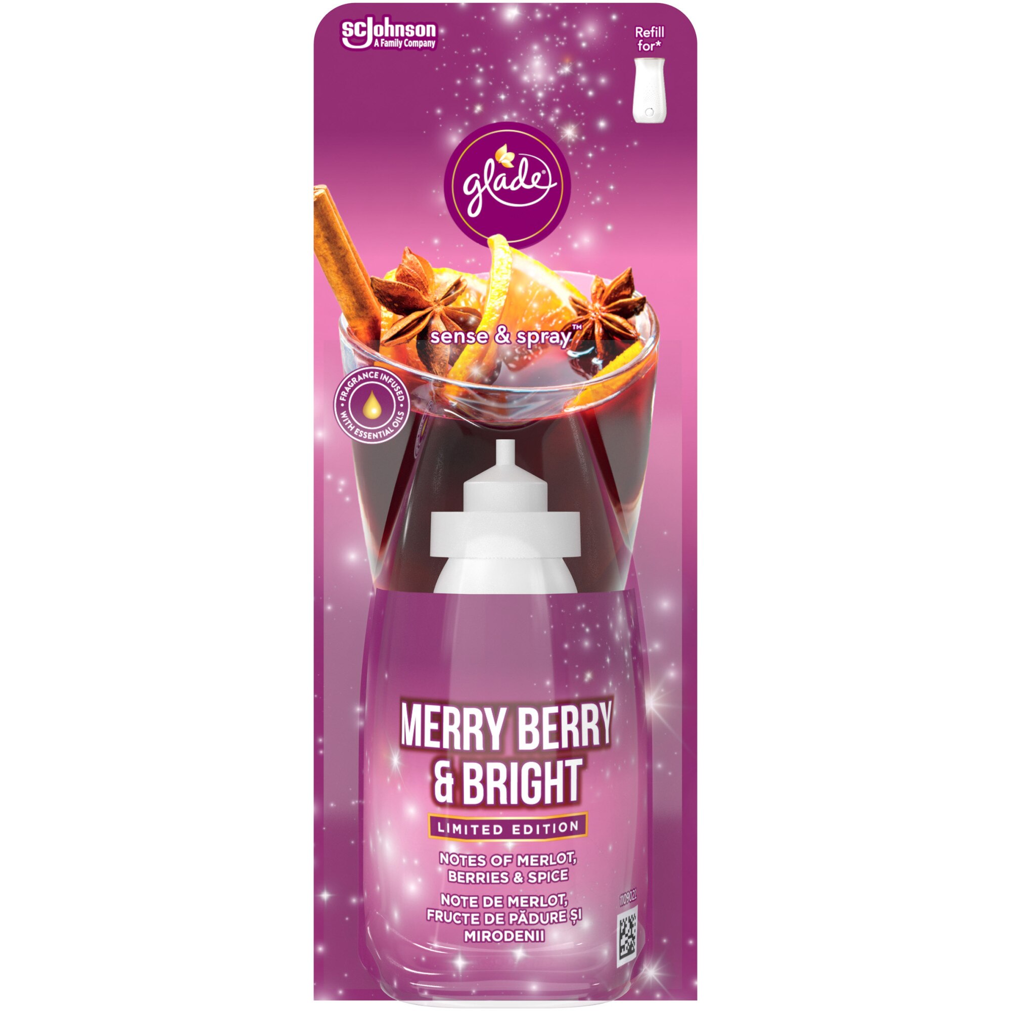 Rezerva odorizant de aer Glade Sense & Spray, Iarna, Fructe de padure & Mirodenii - Merry Berry, 18 ml