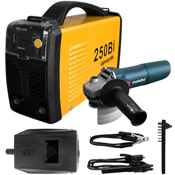 Set aparat sudura Profesional AgroPro 250 BI, inverter, MMA, 250A, tehnologie IGBT, IP 21, polizor unghiular Metabo W750-125 Set aparat sudura Profesional AgroPro 250 BI, inverter, MMA, 250A, tehnologie IGBT, IP 21, polizor unghiular Metabo W750-125
