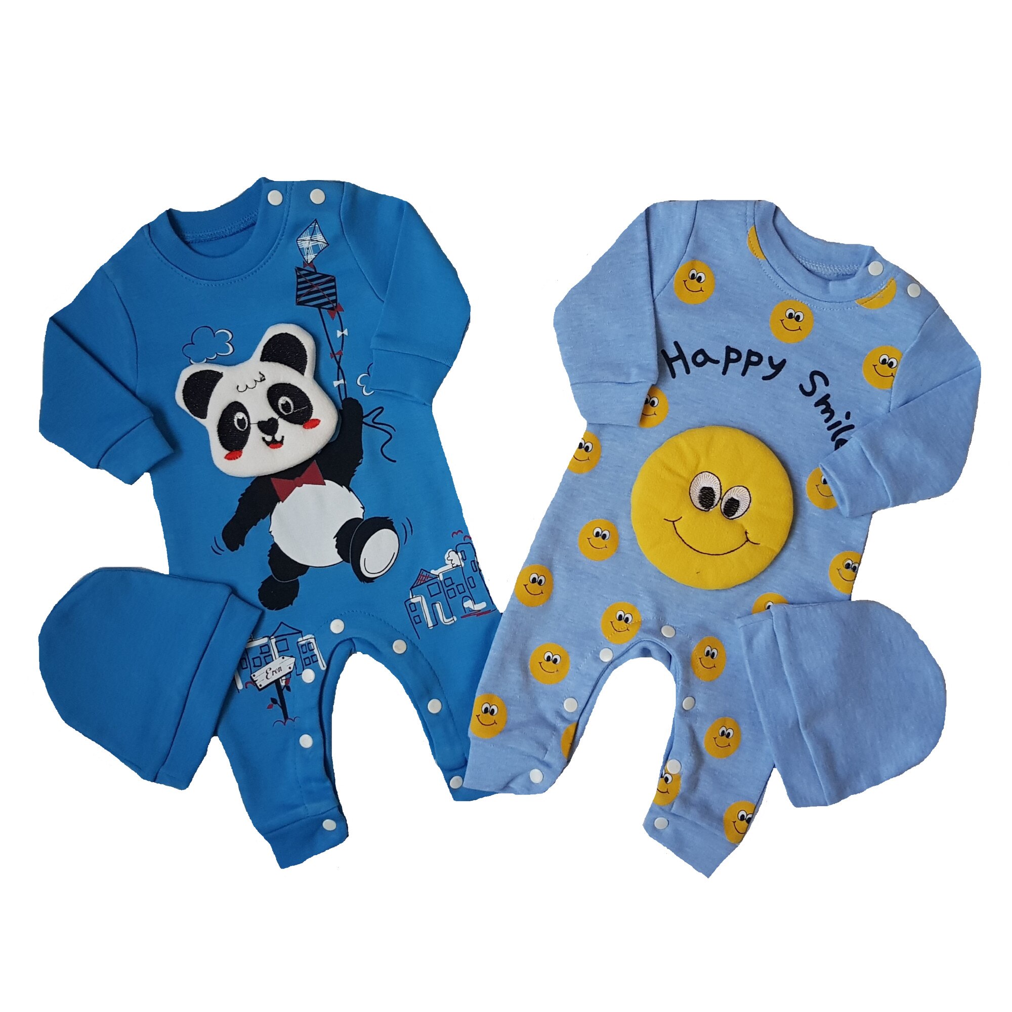 Set 2 salopete cu caciulite bumbac, baieti, Melisa, cu imprimeu, Multicolor, Multicolor, 74 CM