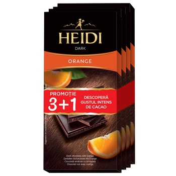 Pachet 3+1 Ciocolata amaruie Heidi Dark cu portocala, 80g Pachet 3+1 Ciocolata amaruie Heidi Dark cu portocala, 80g