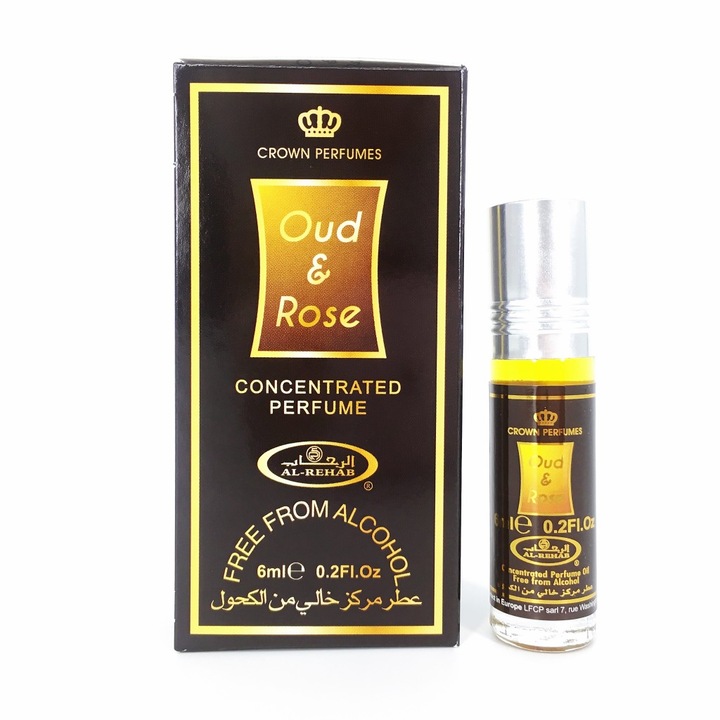 Al Rehab Oud & Rose parfüm, férfiaknak, fás, virágos illat, 6 ml