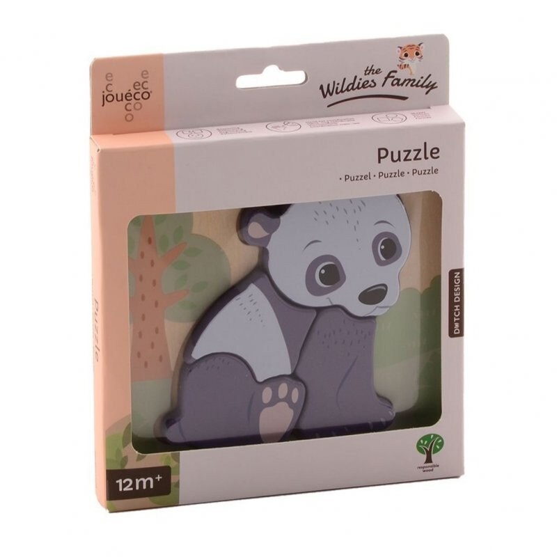 Puzzle, Joueco, din lemn Familia Wildies, Panda, 4 piese, Multicolor