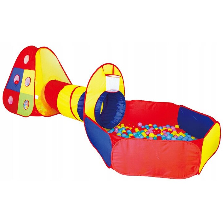 Loc de joaca LikeSmart 4 in 1, pentru Copii, Casuta, Tunel si Cort, Cos de Baschet Tinta,, Piscina cu 100 Bile Multicolore, 3 bile cu Velcro, Geanta Depozitare