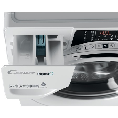 Masina de spalat rufe cu uscator Candy Rapido ROW41494DWMCE-S, Spalare 14 kg, Uscare 9 kg, 1400 RPM, Clasa A, WiFi, Motor Inverter, Mix power system, Steam, Alb