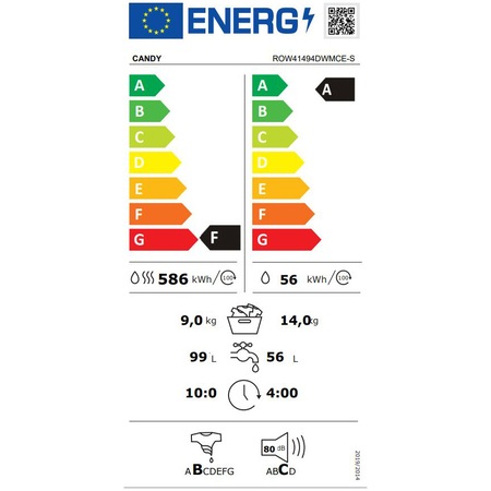 Masina de spalat rufe cu uscator Candy Rapido ROW41494DWMCE-S, Spalare 14 kg, Uscare 9 kg, 1400 RPM, Clasa A, WiFi, Motor Inverter, Mix power system, Steam, Alb