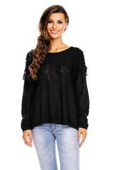 Pulover asimetric cu maneci lungi si detalii Impletite pe umeri, Negru, One Size Pulover asimetric cu maneci lungi si detalii Impletite pe umeri, Negru, One Size