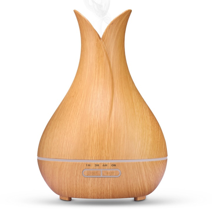 Umidificator EvoSmart™ UD-31, LED 7 culori, 10 ore cu plin, Timer, Purificator Aer, Difuzor De Arome, Aromaterapie, Ultrasunete Evo, Rezervor 400 ml, culoare Light Wood