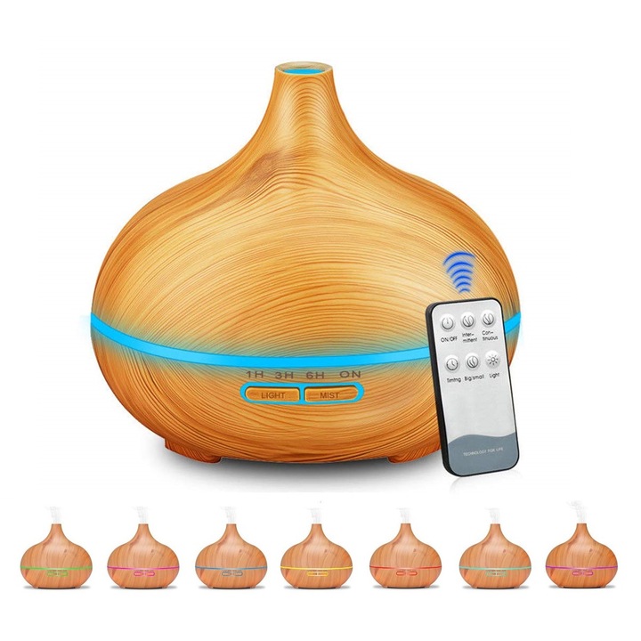 EvoSmart™ UD-17 párásító, LED 7 szín, távirányító, légtisztító, aromadiffúzor, aromaterápia, Evo ultrahang, 400 ml-es tartály, világos fa színű