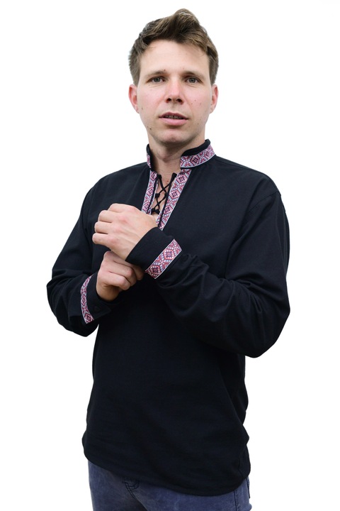 Férfi ing, Magdalena, Marin, fekete, XL, hosszú ujjú, román anyagból 100% pamut, hagyományos dísz