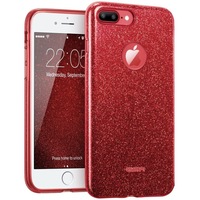 Husa iPhone 7 Plus / iPhone 8 Plus ultra slim din silicon, cu 3 straturi protective, Fashion, cu sclipici Glitter, Rosu