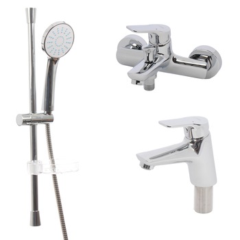 Pachet baterii Ferro New BTA: baterie cada / dus + baterie lavoar + para de dus 1 functie + bara suport + sapuniera Pachet baterii Ferro New BTA: baterie cada / dus + baterie lavoar + para de dus 1 functie + bara suport + sapuniera