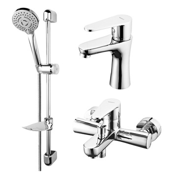 Pachet baterii Ferro New BCD: baterie cada / dus + baterie lavoar + para de dus 3 functii + bara suport + sapuniera Pachet baterii Ferro New BCD: baterie cada / dus + baterie lavoar + para de dus 3 functii + bara suport + sapuniera