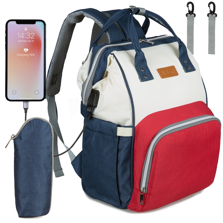 Чанта за количка NEVEQ, Раница за бебешки принадлежности, многофункционална чанта за памперси с вграден USB порт и множество функции, разноцветна