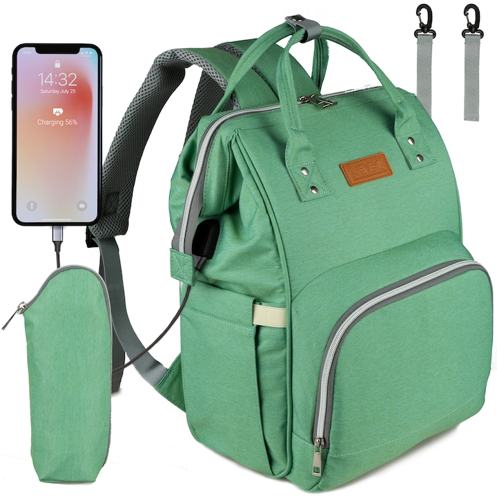 Чанта за количка NEVEQ, Раница за бебешки принадлежности, многофункционална чанта за памперси с вграден USB порт и множество функции, зелена