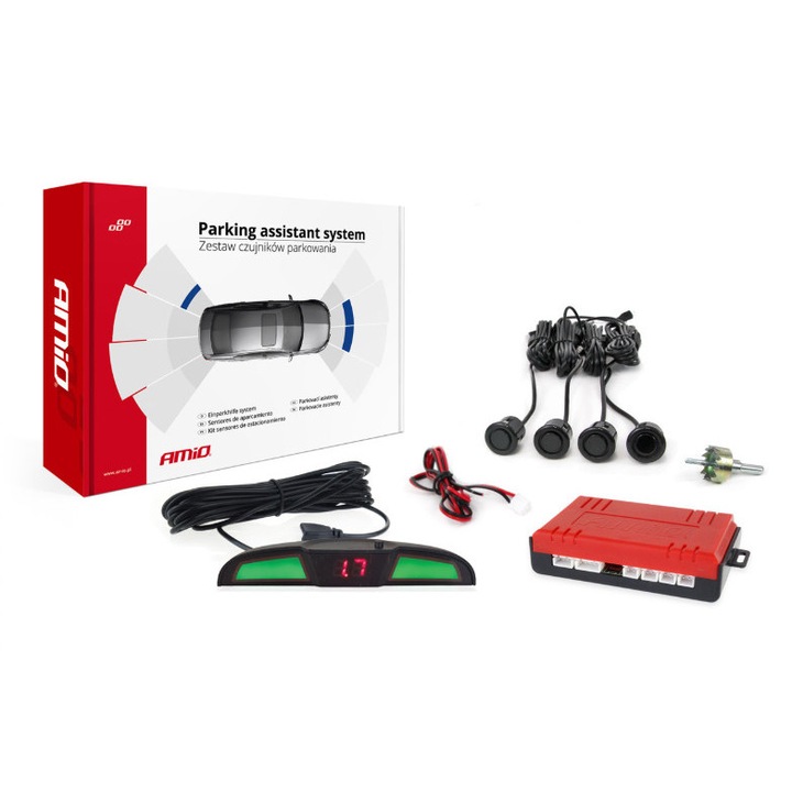 Amio tolatóradar 4 szenzoros szett LED COB kijelzővel 18mm fekete szenzorokkal