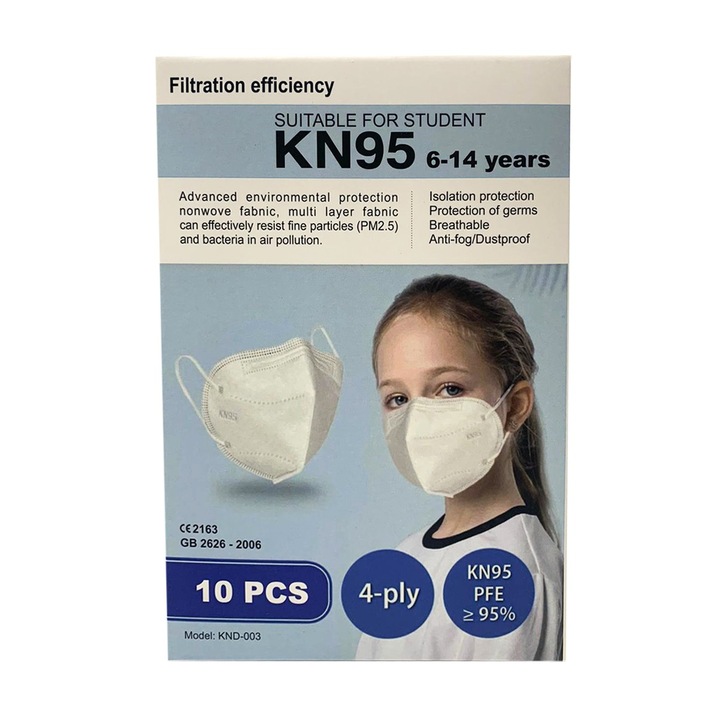 Masca KN95 FFP2, pentru copii 6-14 ani, 9.8 x14.5cm set 10 buc
