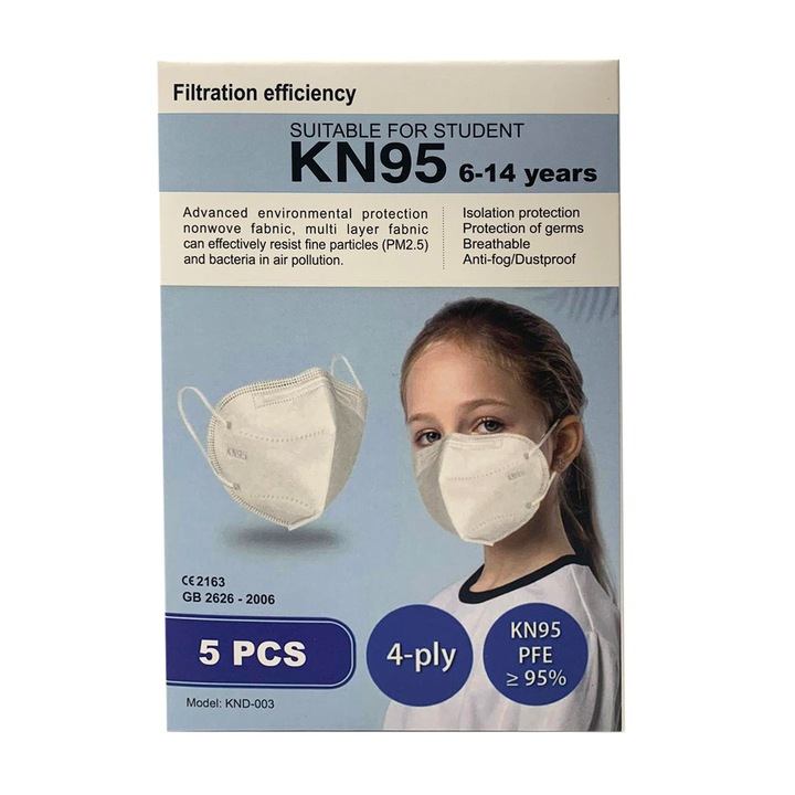 Masca KN95 FFP2 , pentru copii 6-14 ani , set 5buc
